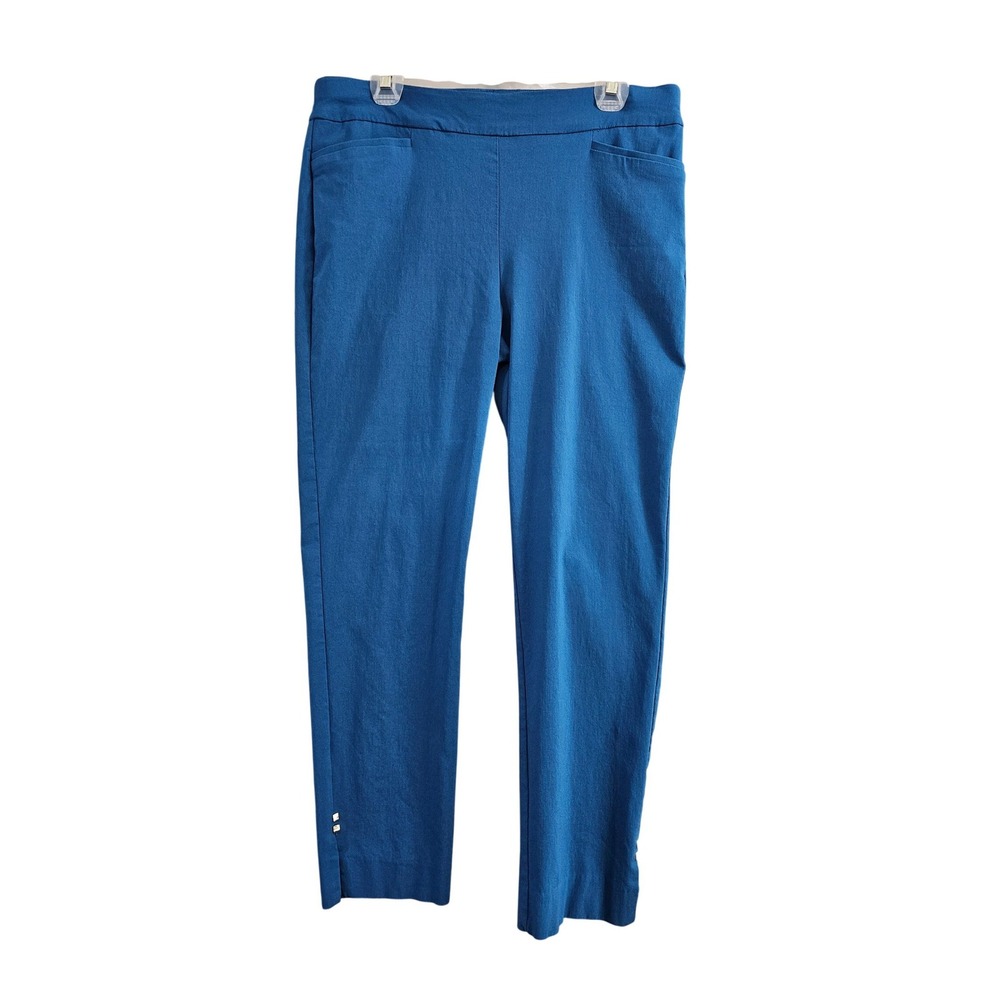 Chico's Pull On Pants Women 2R‎ 12R Blue Solid Studded Hem Ankle Trousers